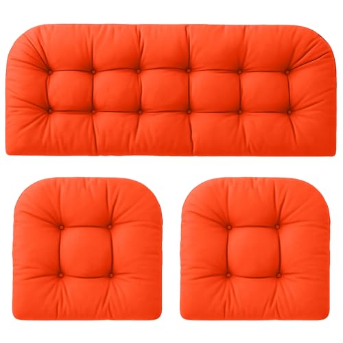 Barydat 3 Pack Wicker Furniture Cushions Waterproof Outdoor/Indoor Tufted Wicker Chair Cushions 1 Loveseat and 2 U-Shape Rattan Chairs for Patio Furniture, Rattan Love Seat, Bench (Orange) - color: Orange