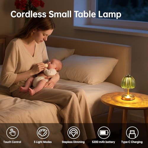 Shenmoyl Tulip Small Table Lamp, 5200mAh Cordless Touch Control Mini Table Lamp with 3 Color Temps & Stepless Dimming, Perfect for Small Spaces Like Dressers, Bedsides, Bookshelves (Green Tulip) - color: Green Small, size: 1 Pack