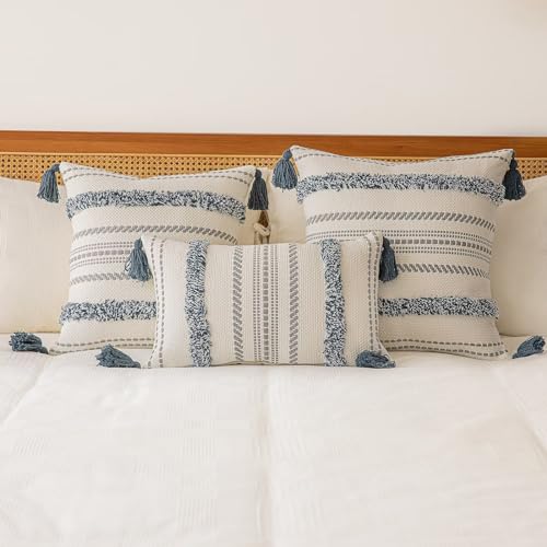 Boho Throw Pillow Covers 18x18 Set of 2 Woven Tufted Farmhouse Pillows Cover with Tassels Textured Striped Cushion Case Neutral Pillow Cases Decorative Pillowcase for Sofa, Couch, Bed, Dark Blue - color: Dark Blue, size: 18" x 18" (Pack of 2)