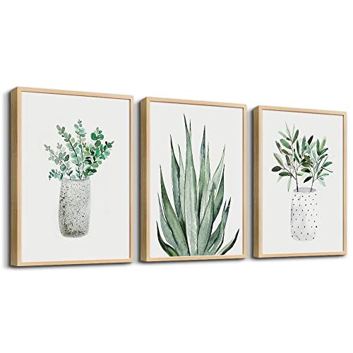 Natural Wood Framed Wall Art Painting For Dining Room Family Wall Decor For Bedroom Kitchen Wall Decoration Living Room Decor Green Leaf Pictures Artwork For Home Walls 3 Piece Framed Art Prints - color: 3 Panels Green Plants Paintings Natural Wood Framed