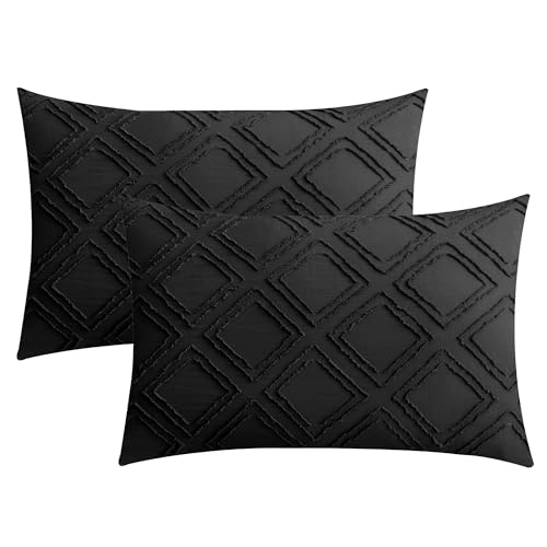 JELLYMONI Pillowcases Standard Size Black 2 Pack Boho Plaid Bed Pillow Covers 20x26in Polyester Envelope Pillow Shams Tufted Bohemian Textured (Pillows are not Included) - color: 07 - Black - Grid, size: 26" x 20" (Pack of 2)