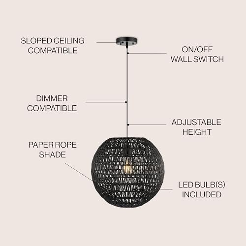 JONATHAN Y 15.75" Black 1-Light Modern Bohemian Woven LED Pendant Light, Adjustable Hanging Ceiling Lamp for Kitchen Island Dining Room, Paper Wicker Shade, Bulb Included (JYL6503C) - color: Black