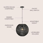 JONATHAN Y 15.75" Black 1-Light Modern Bohemian Woven LED Pendant Light, Adjustable Hanging Ceiling Lamp for Kitchen Island Dining Room, Paper Wicker Shade, Bulb Included (JYL6503C) - color: Black