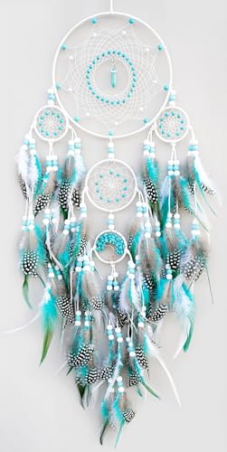 Large Dream Catchers,Boho Handmade Woven Turquoise Dream Catcher Wall Hanging Ornament for Bedroom Living Room Apartment Wedding Party Decor, Festival Blessing Gift (White+Turquoise) - color: White+turquoise