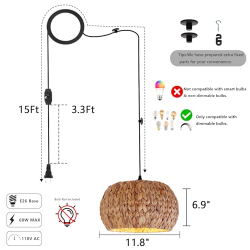 HuisMier Rattan Plug in Pendant Light Boho Hanging Lights with 15 Ft Plug in Cord & Dimmable Switch, Hand Woven Lampshade Boho Hanging Lamp for Kitchen Island Dining Room Bedroom - color: Brown Drum