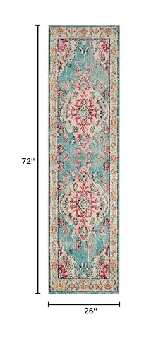 SAFAVIEH Monaco Collection Runner Rug - 2'2" x 6', Light Blue & Fuchsia, Non-Shedding & Easy to Clean, Distressed Medallion Design, Ideal for Living Room, Bedroom, Dining Space (MNC243J) - color: Light Blue/Fuchsia, size: 2'2" x 6' (Runner)