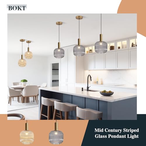BOKT Modern 1-Light Gold Globe Pendant Light Mid Century Smoke Gray Ceiling Pendant Lighting Glass Ball Round Pendant Lamp Single Brushed Brass Pendant Light Fixture Kitchen Island (Smoke Gray) - color: Smoke Gray