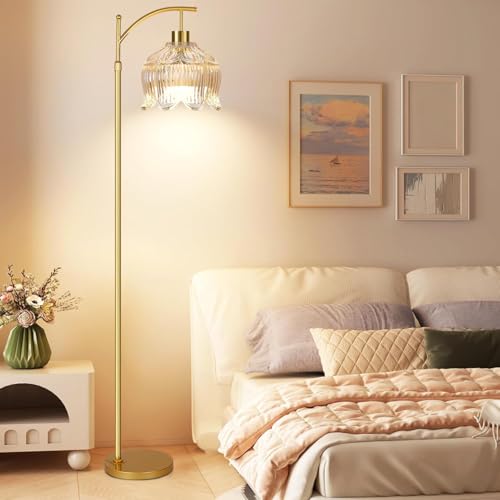 QIYIZM Flower Floor Lamp for Living Room,Bedroom,Gold Dimmable Standing Lamp with Remote,Glass Mid Century Modern Brass Tall Lamp Boho Floor Lamps Arc Stained Floor Light Lamp Bohemian - size: 32-Floor Lamp