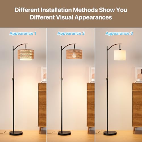 Boho Floor Lamp - Arched Floor Lamps for Living Room, Farmhouse Floor Lamp with 3 Color Temperature Black Standing Lamp with Rattan & Fabric Double Shade Bohemian Rattan Floor Lamps for Bedroom Office - size: Upright-Lantern Shade