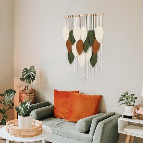 KHOYIME Macrame Wall Hanging Boho Woven Tapestry, Chic Home Decor Modern Bohemian Handmade Leaf Feather Wall Art Decorations for Apartment Dorm Living Room Bedroom Nursery Backdrop 23.6" W X 29.5" L - color: 23.6"W x 29.5"L
