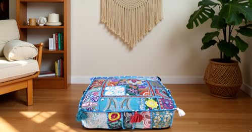 CRAFT KALA Indian Square Patchwork Traditional Pouf Cover Indian Living Room Poufs Decorative Embroidered Designer Ottoman Home Living Footstool Chair Cover Decor Pillow Cover 22x22x5 inches, Sky Blue - color: Sky Blue, size: 22"D x 22"W x 5"H