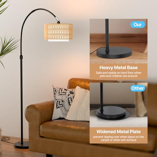 Arc Floor Lamp with Remote Control, Dimmable LED Floor Light with 3 Color Temperature, Black Standing Lamp with Rattan & Fabric Double Drum Shade, Boho Farmhouse Tall Floor Lamp for Living Room - size: Arc-Lantern Shade