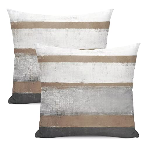 AEIOAE Outdoor Brown Pillow Covers 18x18 Set of 2 Light Brown Gray Striped Decorative Throw Pillow Cotton Square Modern Abstract Art Painting Cushion Cover Decor for Home Couch Sofa Bedroom - color: Brown, size: 18" x 18" (Pack of 1)