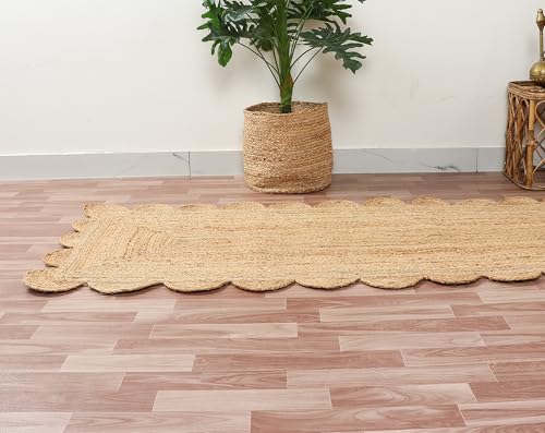 Hand Woven Natural Jute Scalloped Rug, Reversible Boho Entry Area Rugs for Kitchen, Living Room, Farmhouse Indoor Outdoor Decorative Floor-Rug, Bohemian Style Size 2x3 Ft - size: 2' x 3' (Scalloped)