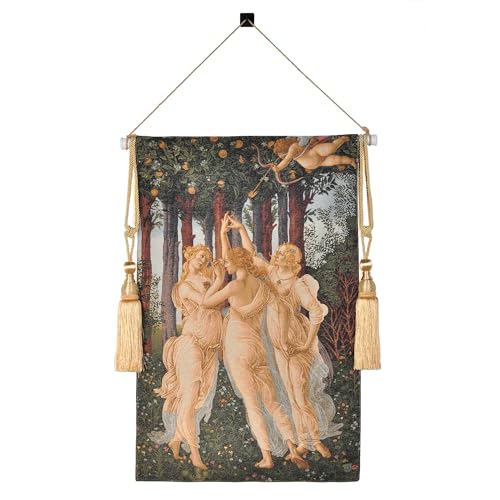 Medieval Vintage Tapestry Wall Hanging - Jacquard Art Replica of Three Nymphs & Cupid，Woven Aesthetic Complete Set with Tassels, Telescopic Rod, Rope & Hooks for Bedroom & Living Room Decor (27"x42") (Yellow：Spring - inspired Soft Tones of Three Nymphs) -