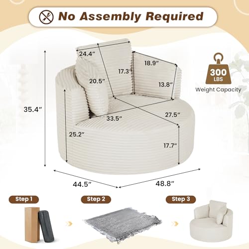 48"W Oversized Round Chaise Longue Chair Indoor,Corduroy Fluffy Comfy Cloud Chair,Circle Bean Bag Sofa with Foam Filling & Pillows,Boneless Reading Cozy Sofa Chairs for Living Room,Bedroom,White - color: White