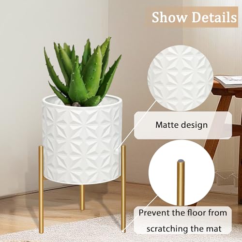 ARNIS Plant Pots with Stand, Set of 2 Indoor Planter Pots, Large Metal Planters with Stand, Mid Century Decorative Flower Pots with Drainage Hole and Gold Plant Stand, 8.25" & 10.5",Matte White - color: Frosted White, size: 8.25 &10.5