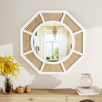 24" Large Rattan Wall Mirror Decoraive Boho Wall Decor Large Rattans Mirror Natural Woven Rattan Mirrors for Farmhouse,Living Room,Bedroom,Bathroom,White Frame