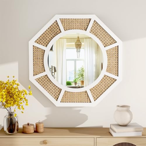 24" Large Rattan Wall Mirror Decoraive Boho Wall Decor Large Rattans Mirror Natural Woven Rattan Mirrors for Farmhouse,Living Room,Bedroom,Bathroom,White Frame