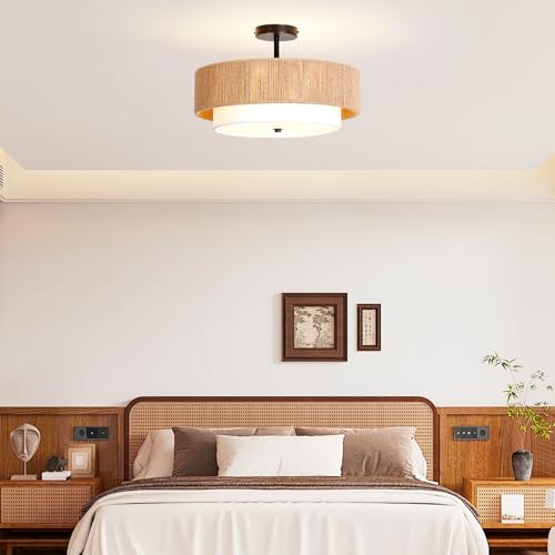 Bohemian Semi Flush Mount Ceiling Light - 18 Inch Handmade Hemp Rope Shade (Fabric Lining), Farmhouse Pendant, E26 Base, Max 60W (Bulbs Excluded), for Dining, Living, Bedroom, Kitchen - color: 18'' Hemp rope&Fabric Gold