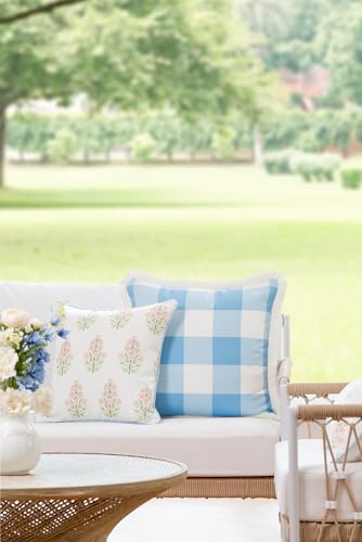 Hofdeco Premium Coastal Patio Indoor Outdoor Throw Pillow Cover Only, 20"x20" Water Repellent for Backyard, Couch, Baby Blue Plaid with Fringe - color: Baby Blue Plaid 20”x20”, size: 20" x 20" (Pack of 1)