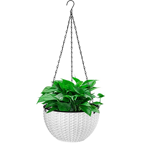 Foraineam 10.2 Inch Dual-pots Design Hanging Basket Planters Self-Watering Indoor Outdoor Hanging Flower Plant Pot with Drainer and Chain (White) (Pack of 3) - size: 10.2” (Pack of 3)