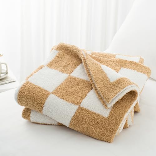 Carriediosa Checkered Throw Blanket 50" X 60", 400GSM Ultra Soft Microfiber Fuzzy Fluffy Reversible Cute Preppy Knitted Blankets Cozy Plush Fall Throws for Couch, Bed, Sofa, Tan Brown - color: Check - Tan Brown, size: 50" X 60"