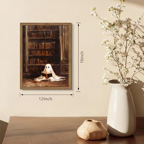 Framed Vintage Library Ghost Wall Art - Ghost Reading Canvas Print Halloween Decor, Gothic Victorian Dark Academia Halloween Wall Decor for Bedroom Office 12x16 inch Wood Frame - color: Ghost, size: 16"L x 12"W