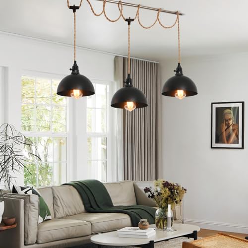 3 Light Hemp Rope Plug in Pendant Light Rattan Hanging Lights with Plug in Cord with Woven Lamp Shade, Hanging Lights with Plug in Cord Hemp Rope Hanging Lamp - color: 3 Light 7.8IN Pendant Light