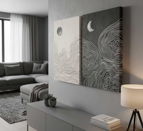 2 Pcs Modern Minimalist Boho Canvas Wall Art Neutral Black And White Abstract Sun And Moon Lines Paintings Pictures Wall Decor Poster Print Artwork for Living Room Bedroom Home Decoration - color: Black White-Canvas, size: 12x16in-Canvas