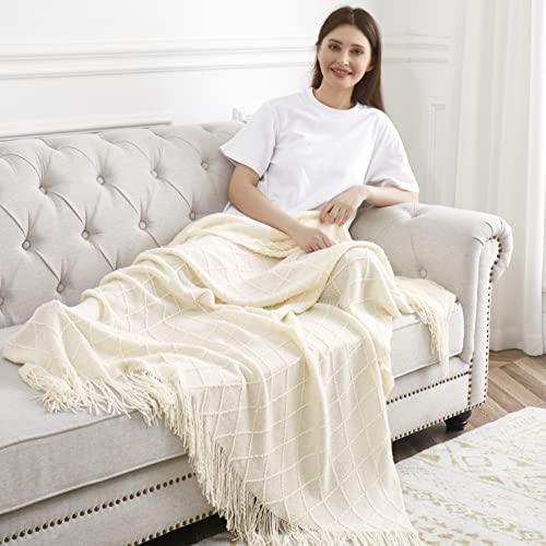 Acrylic Knitted Throw Blanket, Lightweight and Soft Cozy Decorative Woven Blanket with Tassels for Couch, Bed, Sofa, Travel, Suitable for All Seasons, 50 x 60 Inches, White - color: White