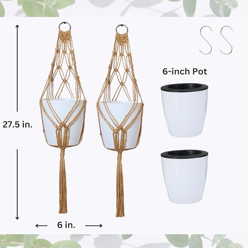 6inch Hanging Planters for Indoor Plants with Self-Watering Pots, Macrame Wall Plant Hanger | Small Macrame Plant Hanger with Pot, Hanging Wall Planter (2 Pack, 6-inch Pots) - size: Large