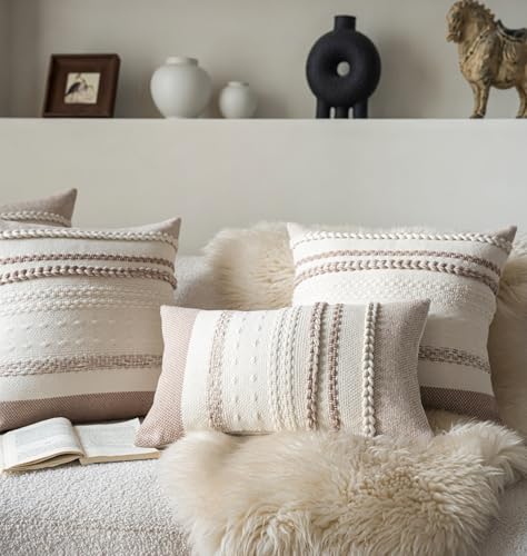 Cethom Boho Throw Pillow Covers 12x20 Inch Set of 2, Khaki Textured Decorative Couch Pillow Cases for Farmhouse Home Decor, Accent Cushion Cover for Sofa, Bed, Living Room, Bedroom - color: Khaki, size: 20" x 12" (Pack of 2)