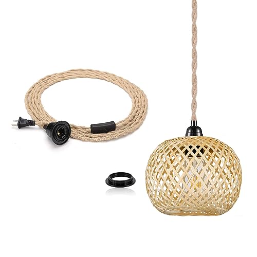 Boho Plug in Pendant Light Wicker Rattan Hanging Lights with 15ft Hemp Rope Cord MINI Bamboo Lampshade Wall Lighting Fixture Swag Lamp for Kitchen Island Farmhouse Living Dining Room Bedroom