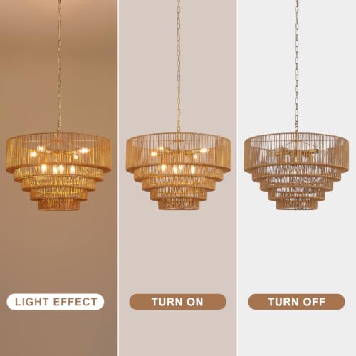 25.6" Large Boho Rattan Chandelier, 8-Light Vintage Farmhouse Hand Woven Wicker Chandeliers Light Fixture, 5-Tier Rustic Drum Pendant Light for Dining Room Kitchen Island Living Room, E12 - color: Golden 25IN