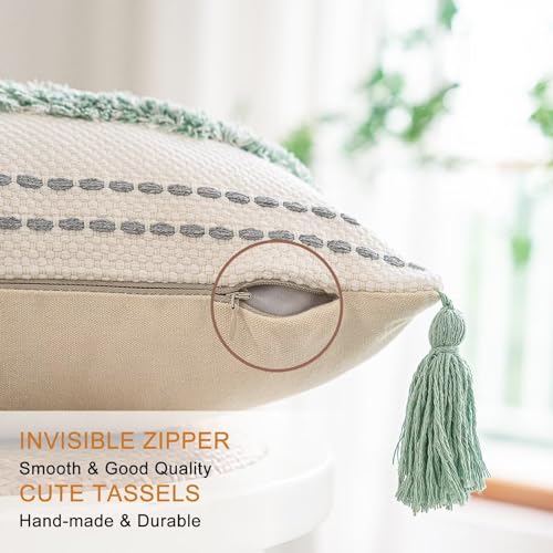 Boho Throw Pillow Covers 20x20 Set of 2 Woven Tufted Farmhouse Pillows Cover with Tassels Textured Striped Cushion Case Neutral Pillow Cases Decorative Pillowcase for Sofa, Couch, Bed, Light Green - color: Light Green, size: 20" x 20" (Pack of 2)