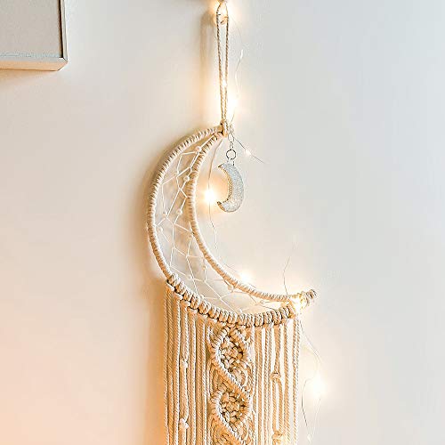 ANROYE Boho Macrame Woven Wall Hanging, Crochet Crescent Moon Star Dream Catcher with Long Tassel- White Cotton Handmade Bohemian Nursery Decor Decoration Art Craft for Kids Bedroom Dorm Room - color: Cream White, size: With Light