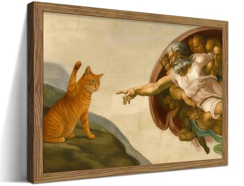 Framed Vintage Cat Canvas Wall Art, Funny Orange Cat Parody Classic Masterpiece Prints, Renaissance-Inspired Animal Artwork, Humorous Wall Decor for Living Room Bedroom Playroom – 8x10 inch - color: Funny Orange Cat, size: 10"L x 8"W