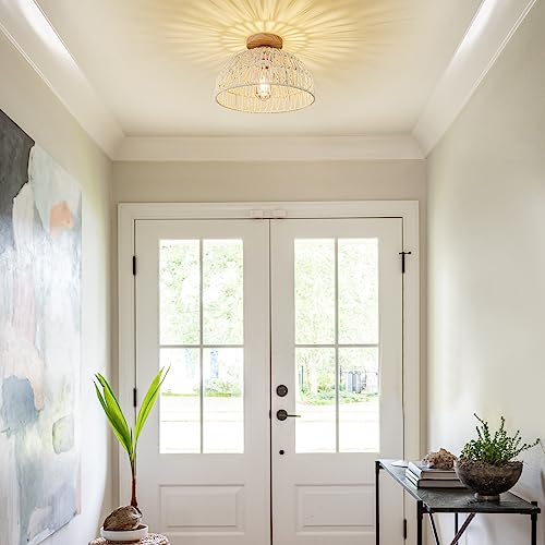Boho Ceiling Light Fixture Rattan Flush Mount Ceiling Light Bedroom Chandelier Hand-Woven Lamp Shade Wooden Base Small Chandelier Boho Ceilings Lamp for Hallway Nursery Kitchen - color: Cream white-Ceiling light