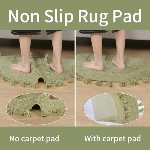 Half Circle Boho Bathroom Rugs with Tassels 100% Cotton Hand-Woven Bath Mat Non Slip Absorbent Bath Rugs with Rug Pad Washable Boho Bath Mat Carpet for Tub, Shower 20"x32",Sage Green