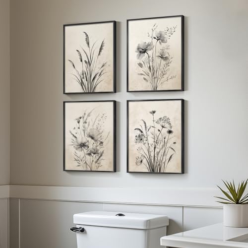 Framed Boho Vintage Botanical Wall Art, 4 Piece Black and White Floral Canvas Prints for Modern Farmhouse Bathroom, Natural Rustic Flower Artwork for Bedroom Kitchen Hallway Wall Decor, 11x14 - color: Misty - Black Framed, size: 11" W x 14" H x 4pcs