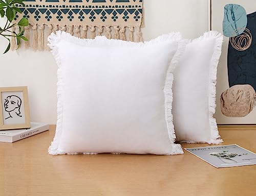 NUYECY Set of 2 Natural Linen Fringed Throw Pillow Covers,White Neutral Decorative Pillowcase with Chic Tassel Burlap Boho Large Cushion Covers for Couch Sofa Farmhouse,24x24 inches - color: White, size: 24" x 24" (Pack of 2)