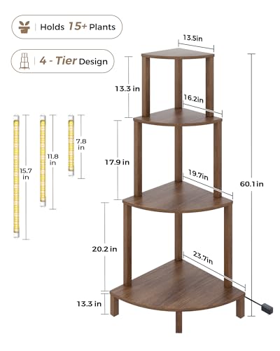 Bamworld Corner Plant Stand with Grow Lights 4-Tier Plant Stand Indoor Wood Plant Stand with Grow Light Tall Shelves Garden Decor for Living Room Balcony - color: Brown with lights