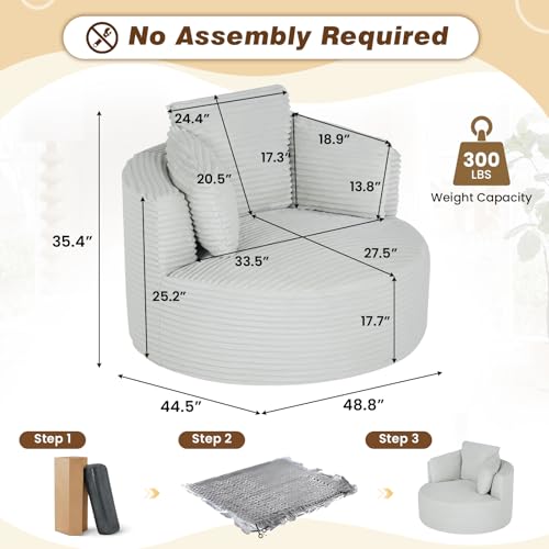 48"W Oversized Round Chaise Longue Chair Indoor,Corduroy Fluffy Comfy Cloud Chair,Circle Bean Bag Sofa with Foam Filling & Pillows,Boneless Reading Cozy Sofa Chairs for Living Room,Bedroom,Light Grey - color: Light Grey