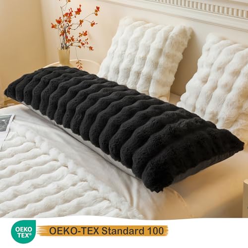 LIFEREVO Fluffy Faux Rabbit Fur Body Pillow Cover, Luxury Bubble Waffle Shaggy Plush Bed Body Pillowcase with Zipper Closure, Long 20"x54" Fuzzy Furry Pillow Case for Adults Kids Girls Teens, Black - color: Black