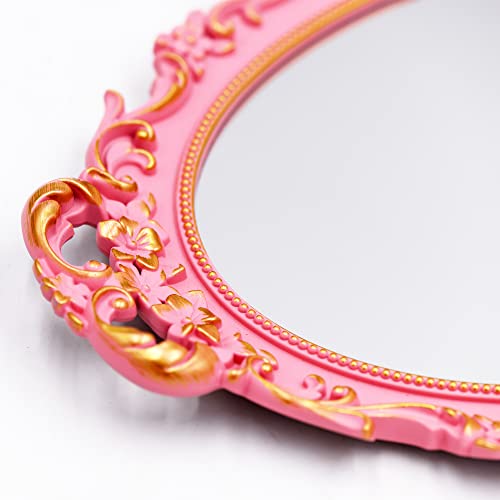 Tstarer Vintage Decorative Pink Framed Mirror, Wall Hanging Mirrors & Tabletop Tray for Bedroom Living Room Dresser Decor, Oval- 9.6" W x 14.3" L (Pink) - color: Pink