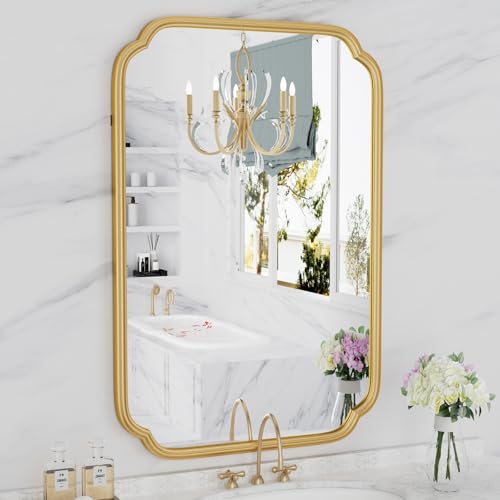 Ferytange Gold Bathroom Mirror for Wall 20" x 30" Modern Rounded Corner Rectangle Mirror with Non-Rusting Iron Metal Framed Bathroom Vanity Mirror for Over Sink Wall Decor(Horizontal/Vertical) - color: Gold, size: 30"L x 20"W