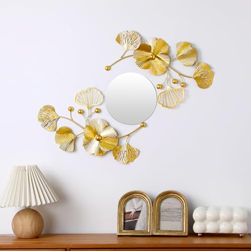 Tandefio 3 Pcs Metal Decorative Wall Mirrors for Living Room Metal Ginkgo Leaf Mirror Modern Creative Wall Decor Art Hanging Decor Mirror for Entrance Bedroom Living Room(Gold,16.inches) - color: Gold