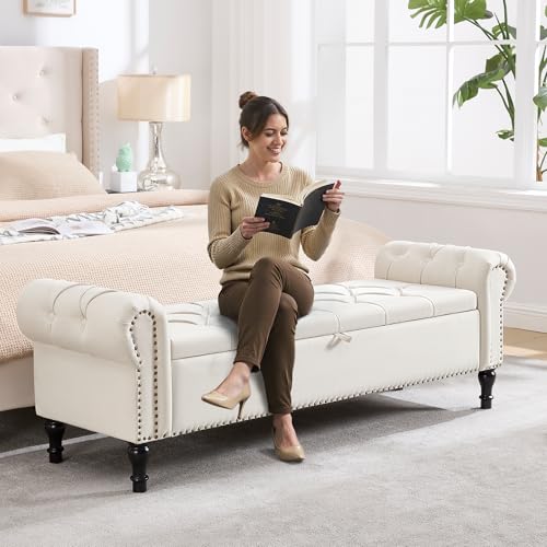 67 Inch Storage Bench for Bedroom, King Size End of Bed Bench, Upholstered Bench with Rolled Arms, Linen Tufted Button Storage Ottoman Benches, Living Room, Entryway, Beige - color: Beige, size: 67inch-linen