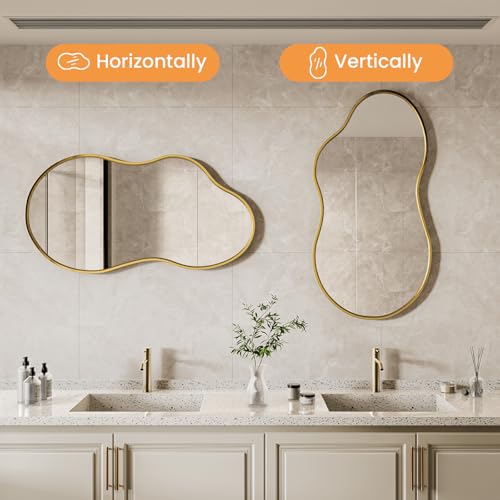 36”x 24” Gold Irregular Wall Mirror, Bathroom Asymmetrical Mirror, Metal Framed, Modern Decorative Mirrors for Wall, Bathroom Living Room Entryway (Horizontal/Vertical) - color: Gold, size: 36"L x 24"W